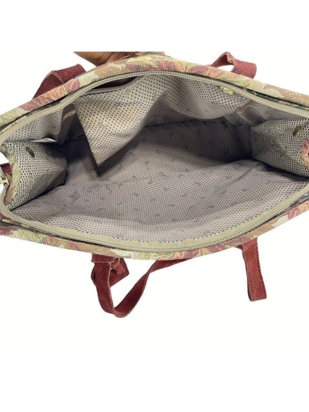 Ricardo Beverly Hills Tapestry Tote Bag With Suede Trim Leaf Pattern Zipper Top - Picture 8 of 16
